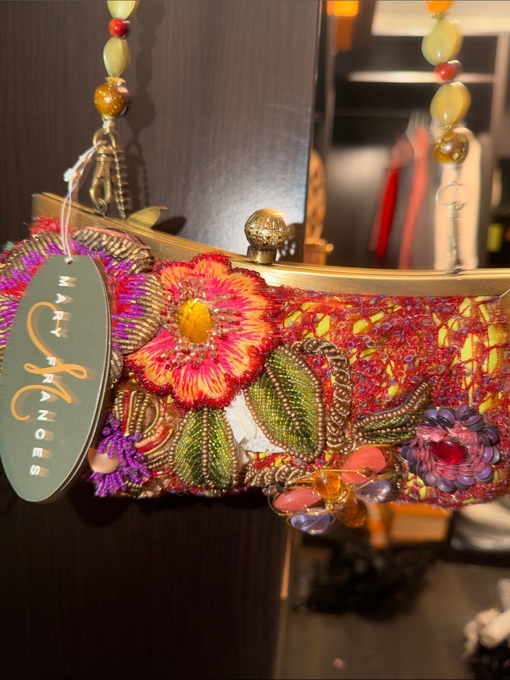 Mary Frances Red Multicolor Beaded Floral Wristlet